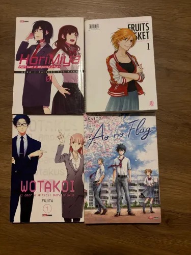 kit mangas romance volume 1 fruits basket, horimiya, wotakoi e ao no flag
