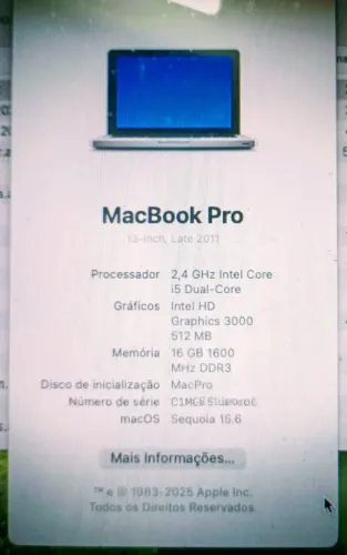MacBook Pro i5 16GB SSD524GB 13,3" ABAIXOU