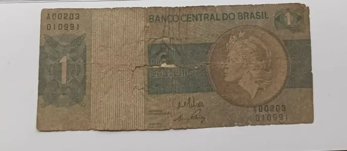 Nota de 1 cruzeiro raridade, duas moedas de um centavo 