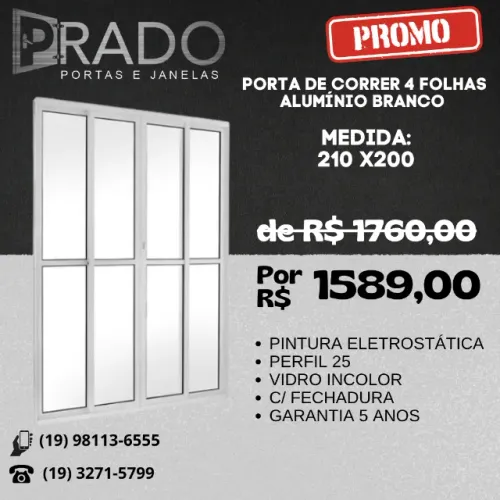 Porta de correr 4 folhas 210 x 200 alumínio branco