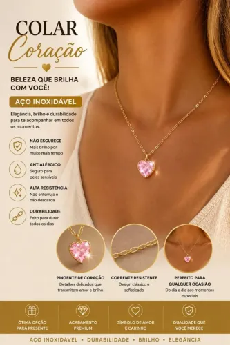 Colar coração rosa aço inoxidável banhado a ouro