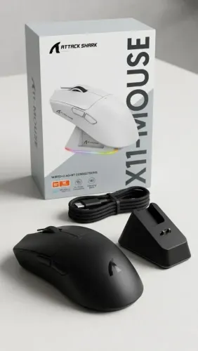 Mouse Gamer Sem Fio Attack Shark X11 Preto + Base Dock RGB - Novo