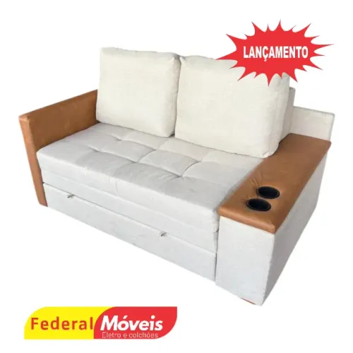 Sofá Cama 1,55m Baú e Porta Copos no Braço Linho - Promoção Imperdível!