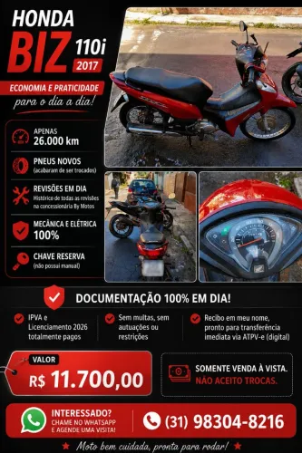 Honda Biz 110i 2017 - Apenas 26.000 km - Revisada e Pneus Novos
