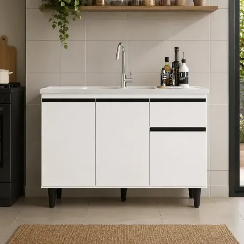 Balcão de Cozinha 1,20m - 3 Portas + 1 Gaveta - Branco (Desmontado & Sem tampo)