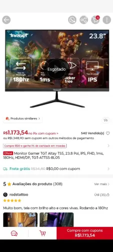 Vendo Monitor Gamer TGT Altay TS5, 23.8 Pol, IPS, FHD, 1ms, 180Hz, HDMI/DP, TGT-ATTS5-BL05