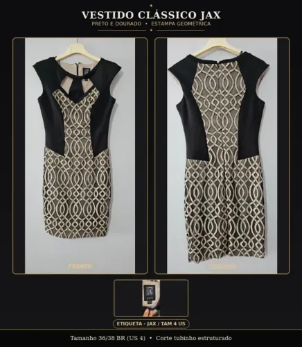 Vestido Tubinho Preto e Dourado JAX - Tam 36/38 (BR) - Estampa Bordada Geométrica