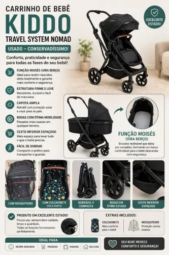 Carrinho de Bebê Kiddo Nomad Travel System com Função Moisés + Extras