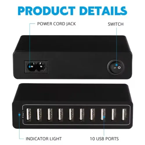Carregador 10 Portas Usb Para Dispositivos Móveis 60w