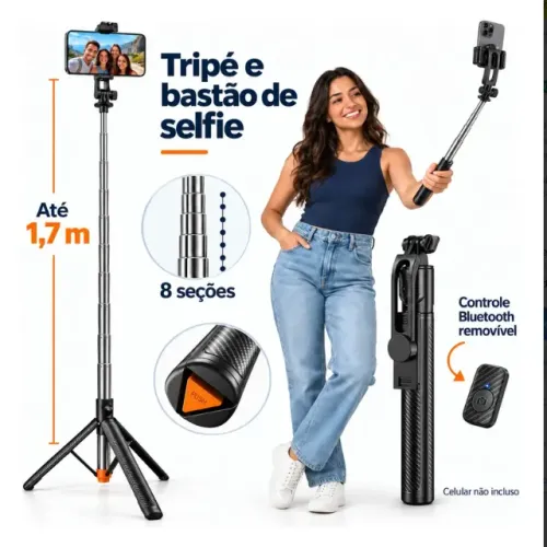 Tripé Para Celular 1,7m Bastão Selfie Com Controle Bluetooth