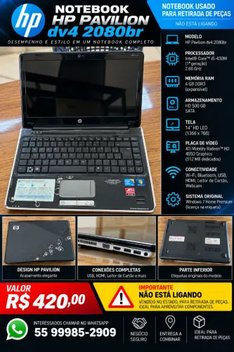 ? HP Pavilion dv4-2080br Core i5 | Para Peças / Não Liga