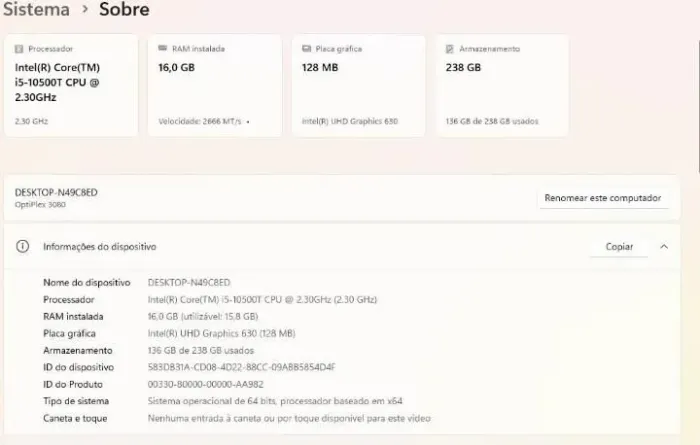 computador Dell i5 10°geração 16gb