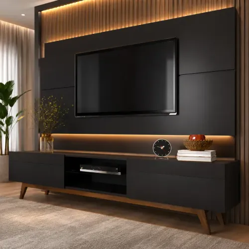 Rack e Painel Preto com iluminação LED Design Moderno