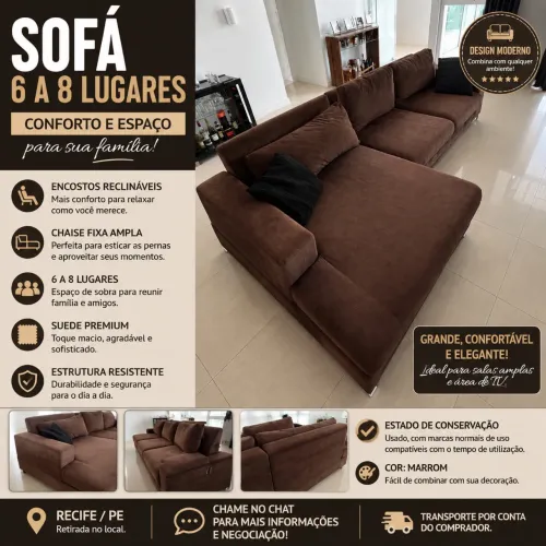 SOFÁ RETRÁTIL COM CHAISE FIXA ? 6 A 8 LUGARES