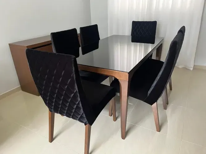 Mesa Jantar Madeira Maciça 6 Cadeiras + Vidro Preto + Aparador