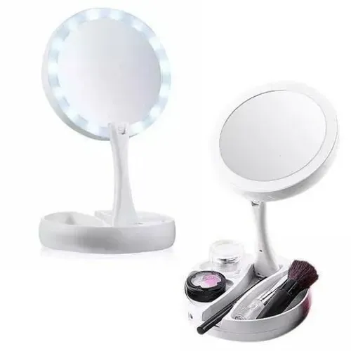 Espelho Maquiagem Dupla Face Luz Led FH-803 Emson Dobrável Gira Aumento 10x Organizador