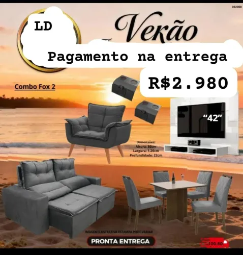 Kit Sala - Painel 42" + Sofá Retrátil + Mesa 4 cadeiras + Poltrona