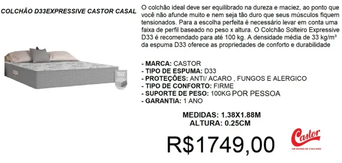 Colchão casal espuma d33 castor expressive - parcelamento até 12X sem juros