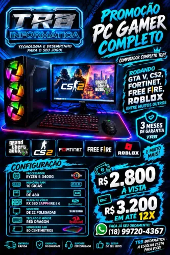 Computador gamer Ryzen 5 top, mais rx 580 shapphire