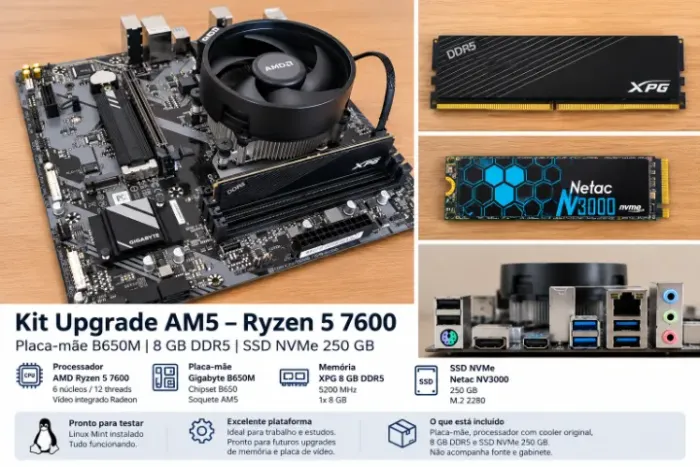 Título: Kit Ryzen 5 7600 + B650M + 8GB DDR5 + SSD NVMe