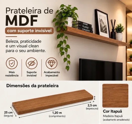 Prateleira MDF 1,20m x 25cm - Cor Itapuã | Suporte Invisível