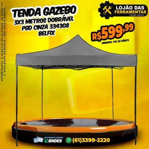 Tenda Gazebo 3x3 Metros Dobrável PGD Cinza 334308 Belfix