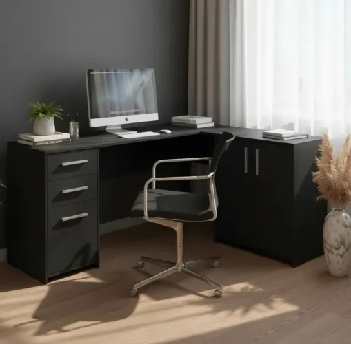 Mesa Escritório escrivaninha em L 2 portas e 3 gavetas na caixa