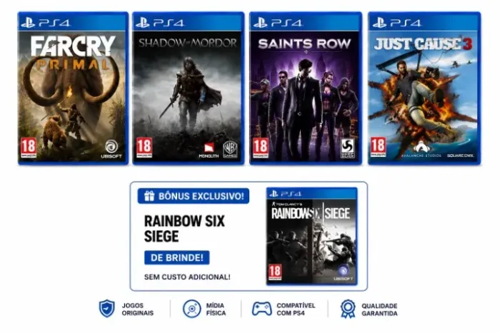 Playstation 4 Far Cry Primal + Saints Row + Just Cause 3 + Shadow of Mordor + Bônus | PS4