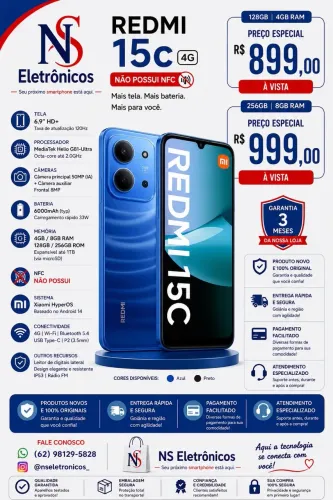 Redmi 15c 4G 128GB 04GB RAM Novo Lacrado Entregamos Grátis 