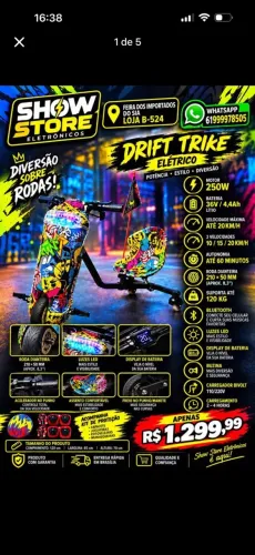 Triciclo elétrico drift Roda 8 até 120kg tamanho regulável amortecedor + Bluetooth 