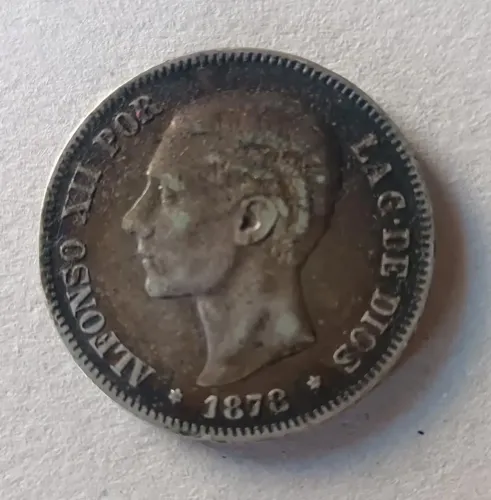 Moeda antiga prata 5 pesetas  Espanha 1878 