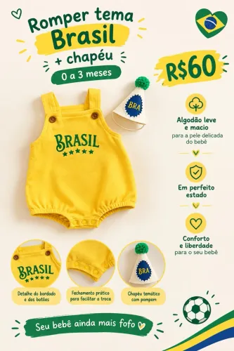 Romper macacão Body unissex bebê Brasil + chapéu Tamanho P (0 a 3 meses)