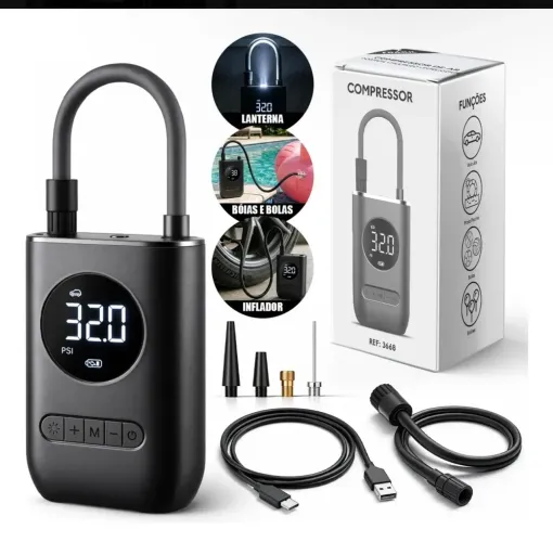 Mini Compressor de Ar Digital Portátil Sem Fio Recarregável - Carro, Moto e Bike
