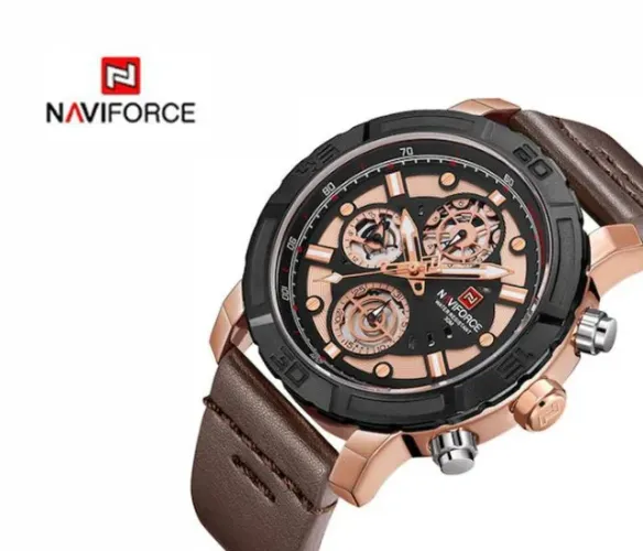 Relógio Naviforce modelo 9139 dourado com preto pulseira couro