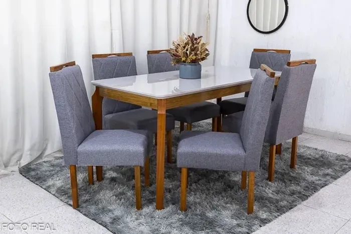 Mesa de Jantar Tampo Vidro Off 160×80 6 Cadeiras Diamante Linho rf75