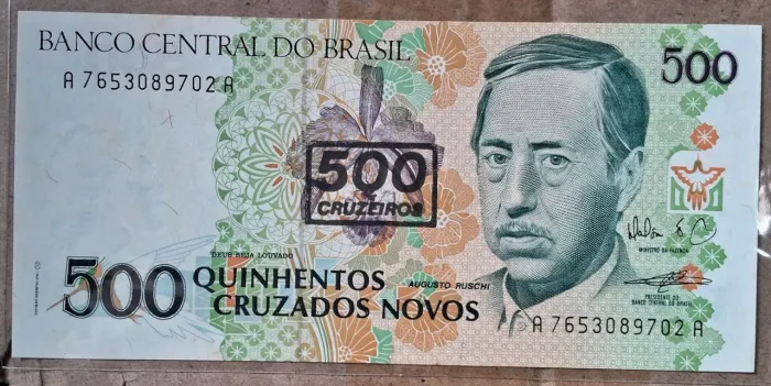 CÉDULA FE DE QUINHENTOS CRUZADOS NOVOS COM CARIMBO DE 500 CRUZEIROS.