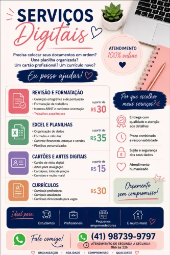 Cartão de visita, flyers, currículos, formatação, correção, etc...
