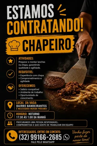 Vaga para chapeiro  de lanches (noturno) bandeirantes 