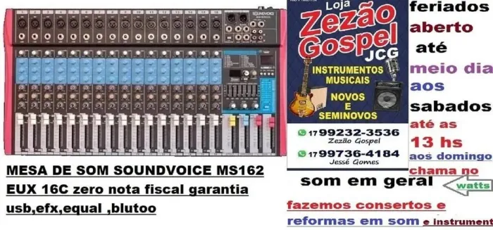 Mesa de som Soundvoice MS162 EUX 16C 1 aux Possui USB, EFX e equalizador - Fazemos Entrega