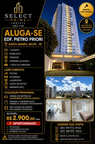 ALUGA-SE | EDF. PIETRO PRIORI - SANTO AMARO | RECIFE/PE | MOBILIADO