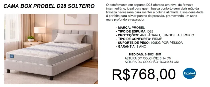 Cama box solteiro com colchão espuma d28 probel - à pronta entrega