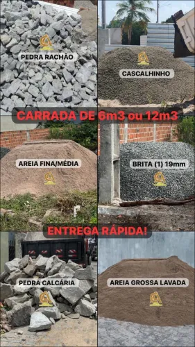 Areia,Brita,Cascalho,Pedra Rachão,Pedra Calcária,etc.