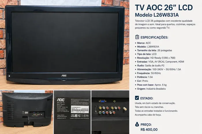 TV AOC 26? LCD HD - HDMI, VGA, AV e Componente - Funcionando Perfeitamente