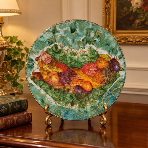 Belíssimo prato decorativo com pintura de frutas<br>22.5cm de diâmetro.