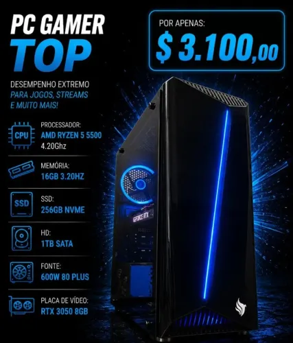 PC Gamer Ryzen 5 5500 4.2Ghz / Mem 16Gb / SSD 256Gb+ 1Tb HD / RTX 3050 8Gb (aceito cartão)