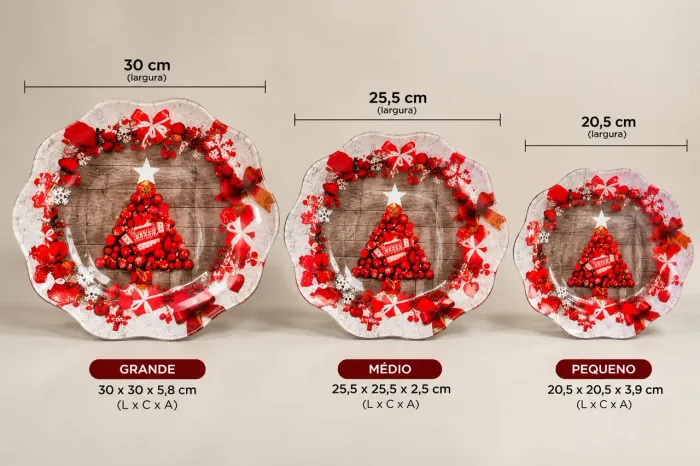 Kit 3 Pratos Natalinos de Vidro - Árvore de Natal Vermelha Decoração Natalina