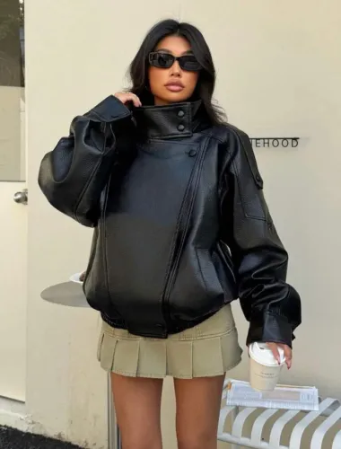 Jaqueta Couro Sintético Estilo Zara Oversized Preta Gola Alta