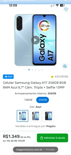 Celular Samsung Galaxy A17 256GB 8GB RAM Azul 6,7' Câm. Tripla + Selfie 13MP
