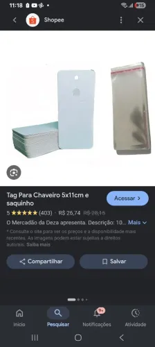 Cartela tag para chaveiro