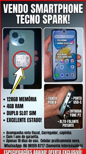 ? VENDO SMARTPHONE TECNO SPARK - PRATICAMENTE NOVO